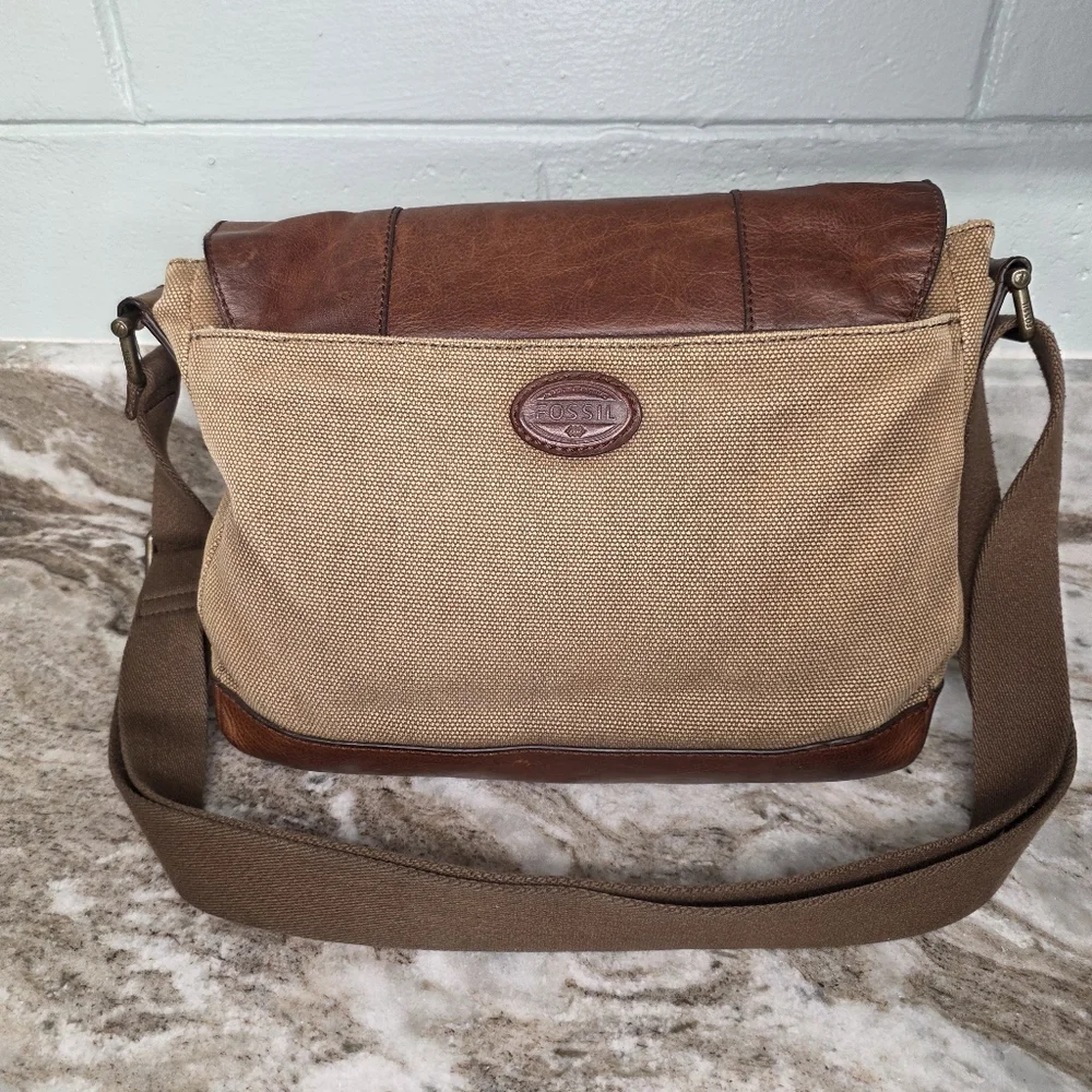 Fossil Brown Leather and Tan Canvas Messenger Bag